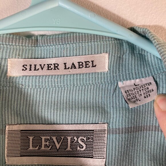 Mens Vintage Levis Big E Silver Label Button Striped Shirt Blue Gray L Polyester - Picture 6 of 7